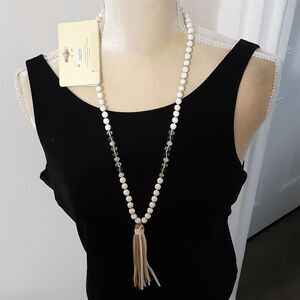 NWT Riah Fashion natural tones long beaded necklace tassel